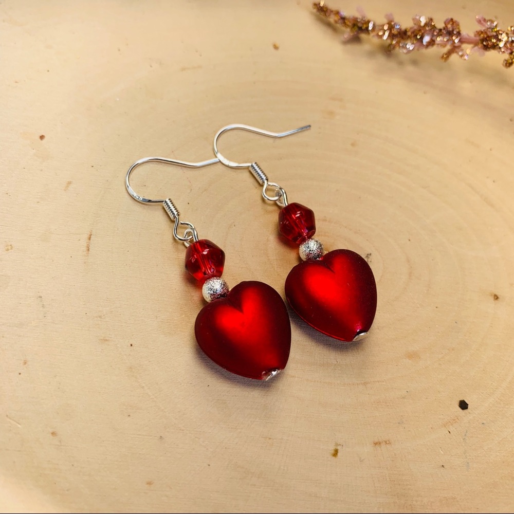 Hot Red Heart Silver Drop Earrings